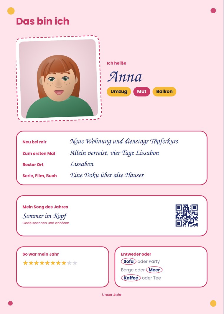 Linke Buchseite mit Porträt, Name und kurzen Antworten